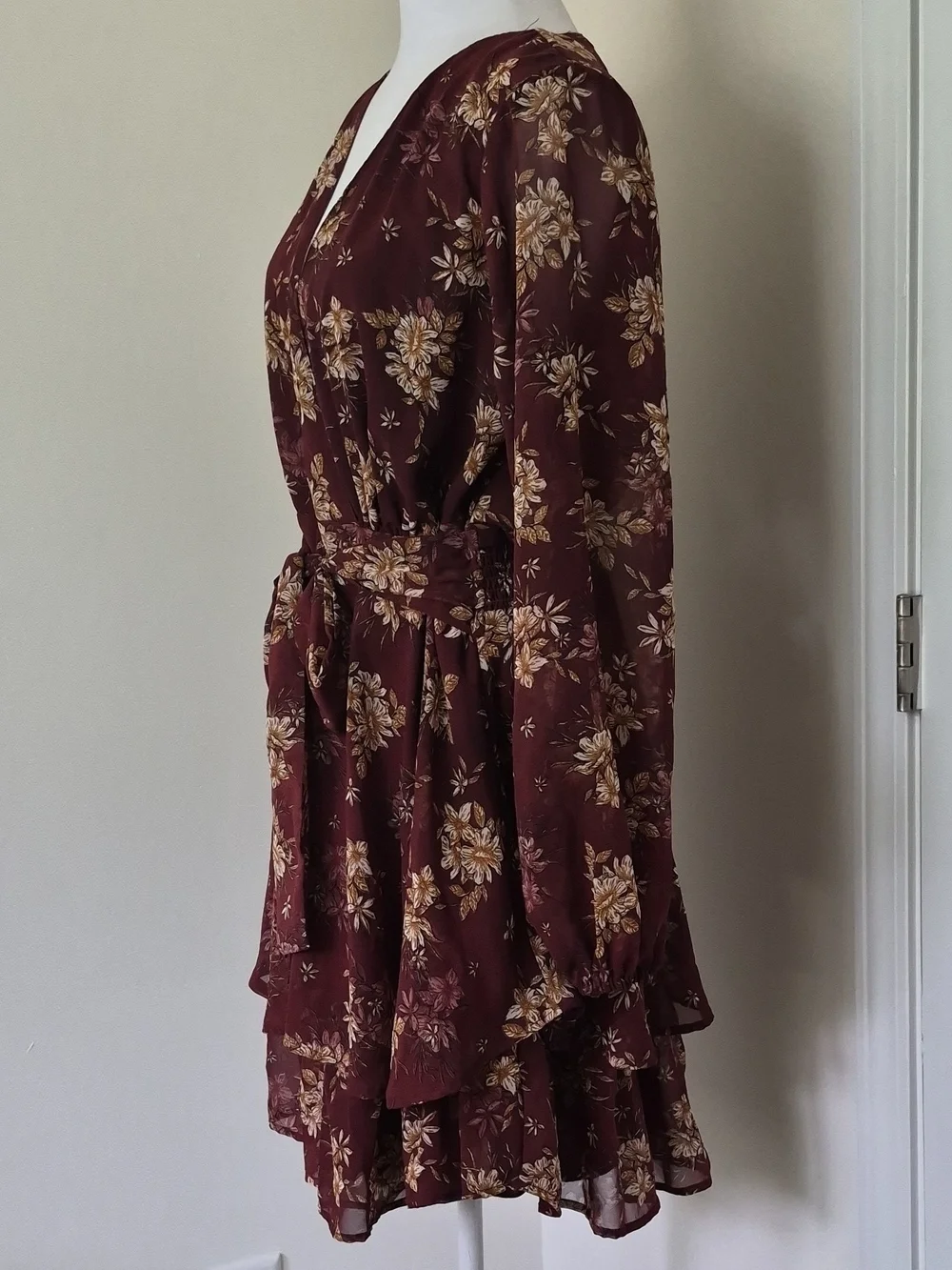 Japna Burgundy Floral Tie-Waist Long-Sleeve Dress Size XL - Picture 4 of 10